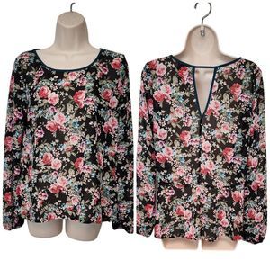 Eyelash Couture Multicolor Floral Round Neck Cutout Back Balloon Sleeve Blouse M